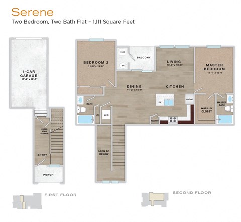 A floor plan of a two bedroom, two bath flat with a garage.