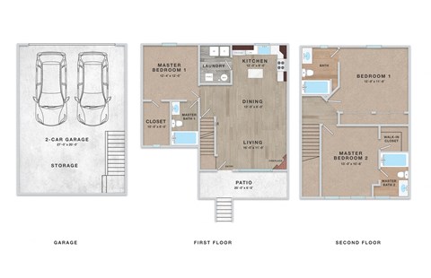 A floor plan of a two-story house with a garage and a second floor with two bedrooms.