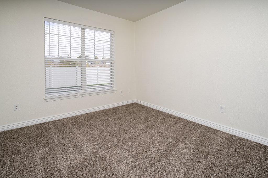 A room with a carpeted floor and a window with blinds.