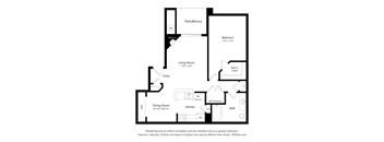 A floor plan of a home with a living room, dining room, kitchen, bathroom, bedroom, and a patio/balcony.