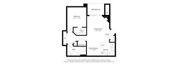 A floor plan of a home with a bedroom, living room, dining room, kitchen, bath, and closet.
