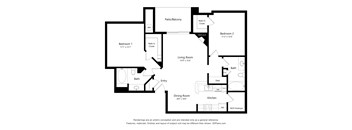A black and white floor plan of a house with a living room, dining room, kitchen, two bedrooms, a bath, a fireplace, and a patio.