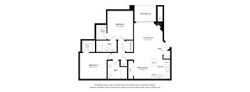 A floor plan of a house with two bathrooms, two bedrooms, a living room, a dining room, a kitchen, and a patio.