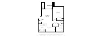 A floor plan of a house with a living room, dining room, kitchen, bedroom, bathroom, and entry.