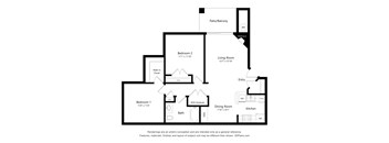A floor plan of a home with three bedrooms, a living room, a dining room, a kitchen, a bathroom, a patio/balcony, and an entry.