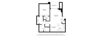 A floor plan of a home with a bedroom, living room, dining room, kitchen, and bath.