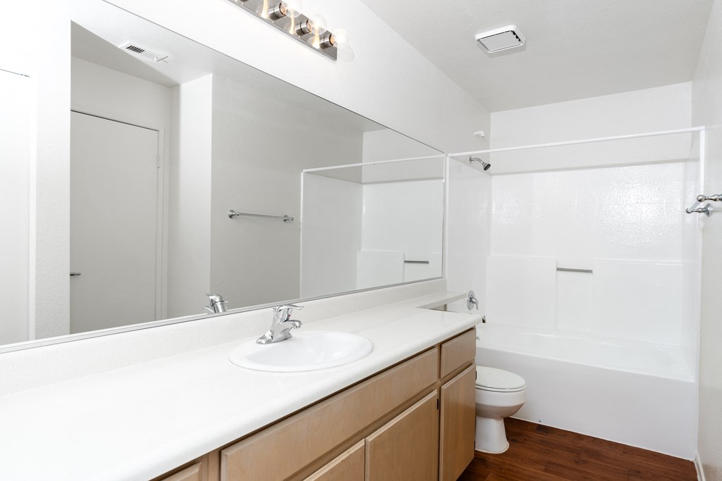 a bathroom with a mirror and a sink and a toilet