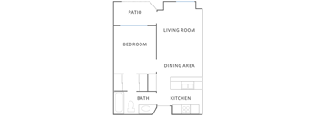 A floor plan of a house with a living room, dining area, kitchen, bedroom and bathroom.