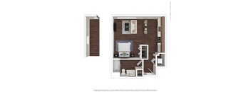 A 3D rendered image of a room layout with a bed, desk, and shelves.