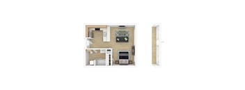 A 3D floor plan of a small apartment with a kitchen, living room, and bathroom.