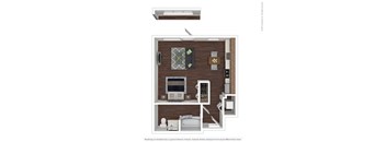 A 3D rendered image of a room layout with furniture and decor.