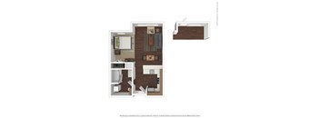 A 3D floor plan of a small apartment with a kitchen, living room, and bathroom.
