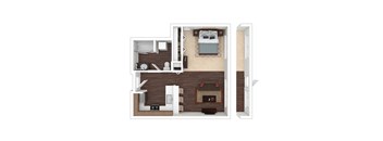 A top down view of a room with a bed, a fireplace, and a kitchen area.