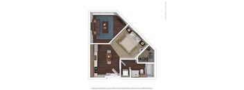 A 3D rendered image of a house layout.