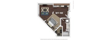 A floor plan of a living space with a couch, television, and kitchen area.