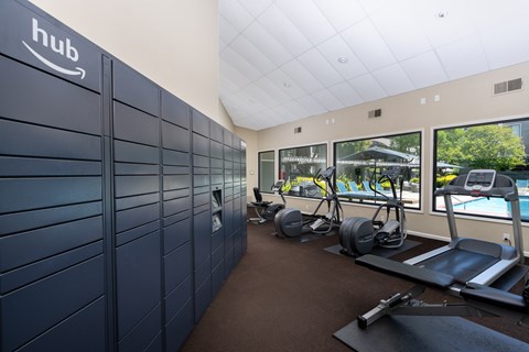 A gym with treadmills, weights and exercise bikes.