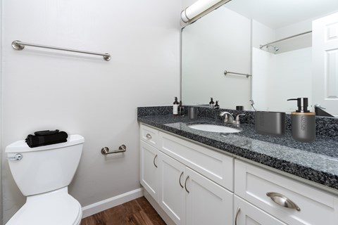 A white toilet sits next to a sink in a bathroom.