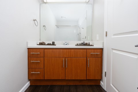 A bathroom with a white door and a mirror above a wooden cabinet.