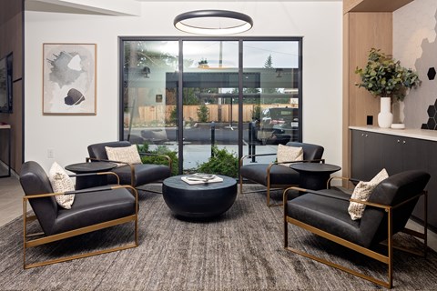A black leather chair with a gold frame is in the center of a room with a round table and a large window.