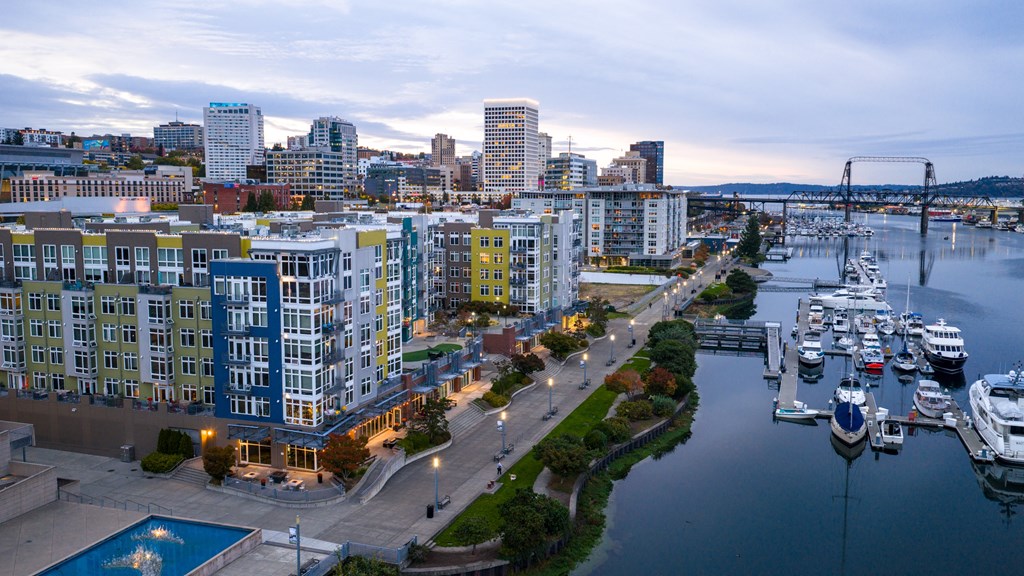 A cityscape with a marina and boats docked in the foreground.