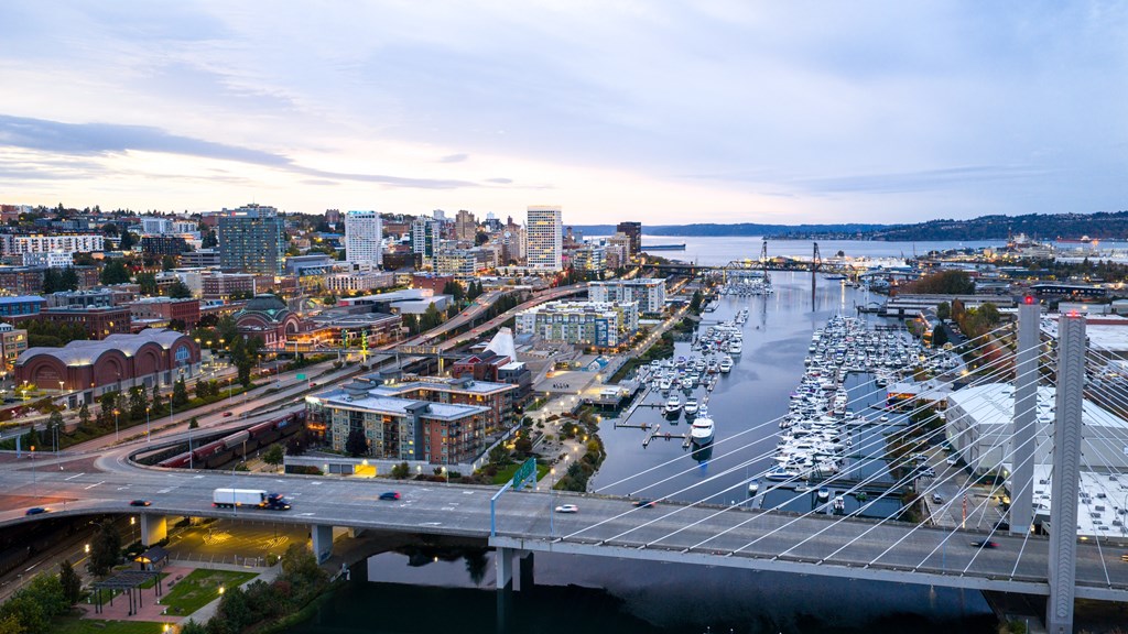 A cityscape with a bridge and a body of water.