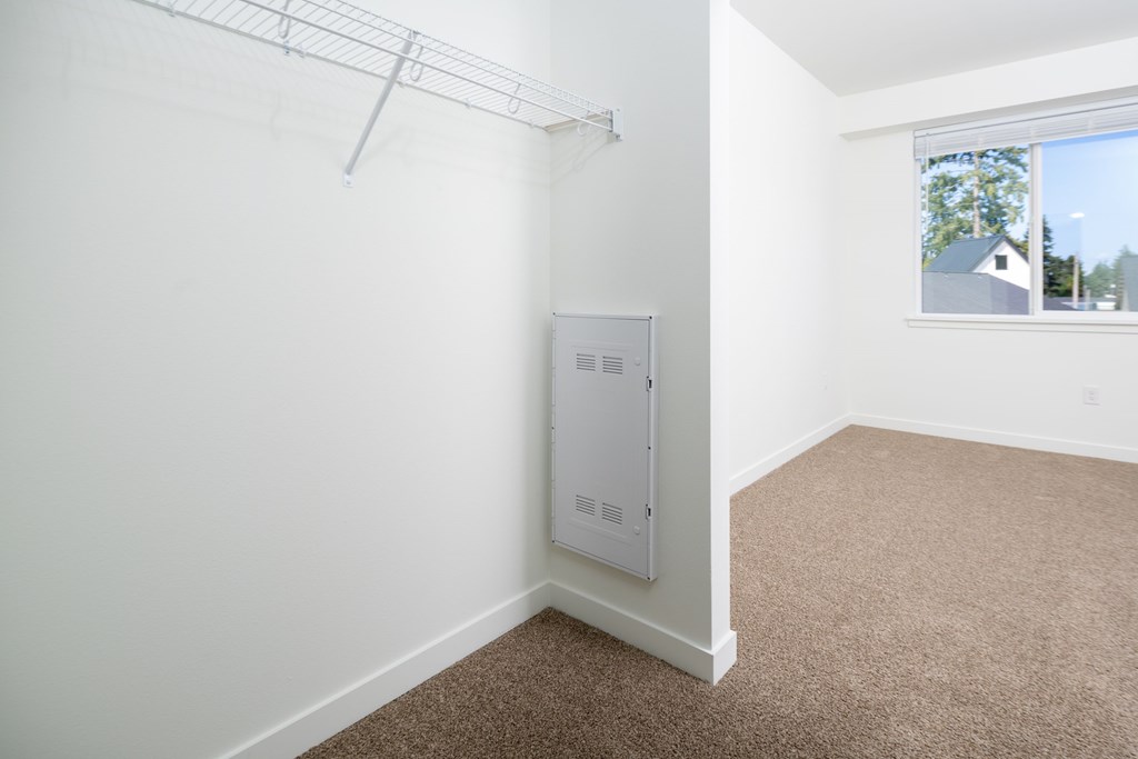 A white closet with a carpeted floor and a window showing a house outside.