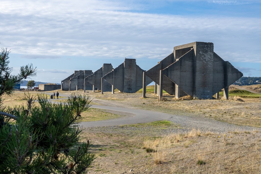A series of concrete structures are lined up in a field.