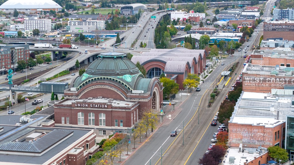 A large building with a green roof is Union Station.