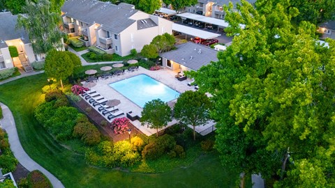 A backyard with a pool and a house.