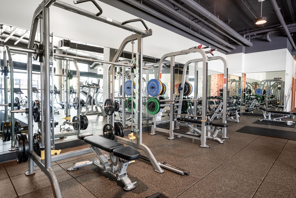 A gym with a variety of weightlifting equipment.