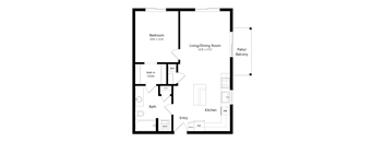 A floor plan of a house with a bedroom, bathroom, kitchen, and living/dining room.