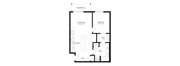 A floor plan of a house with a living room, kitchen, bathroom, and bedroom.