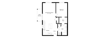 A floor plan of a house with a living room, kitchen, bath, and bedroom.