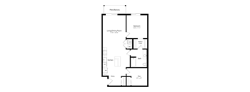 A floor plan of a one bedroom apartment with a living/dining room, kitchen, bath, and den.
