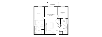 A floor plan of a house with two bedrooms, a living/dining room, a kitchen, a bath, a walk-in closet, and an entry.