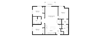 A floor plan of a house with three bedrooms, a living/dining room, and a kitchen.