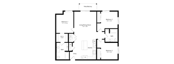A floor plan of a house with three bedrooms, a living room, a kitchen, a bath, and a patio/balcony.