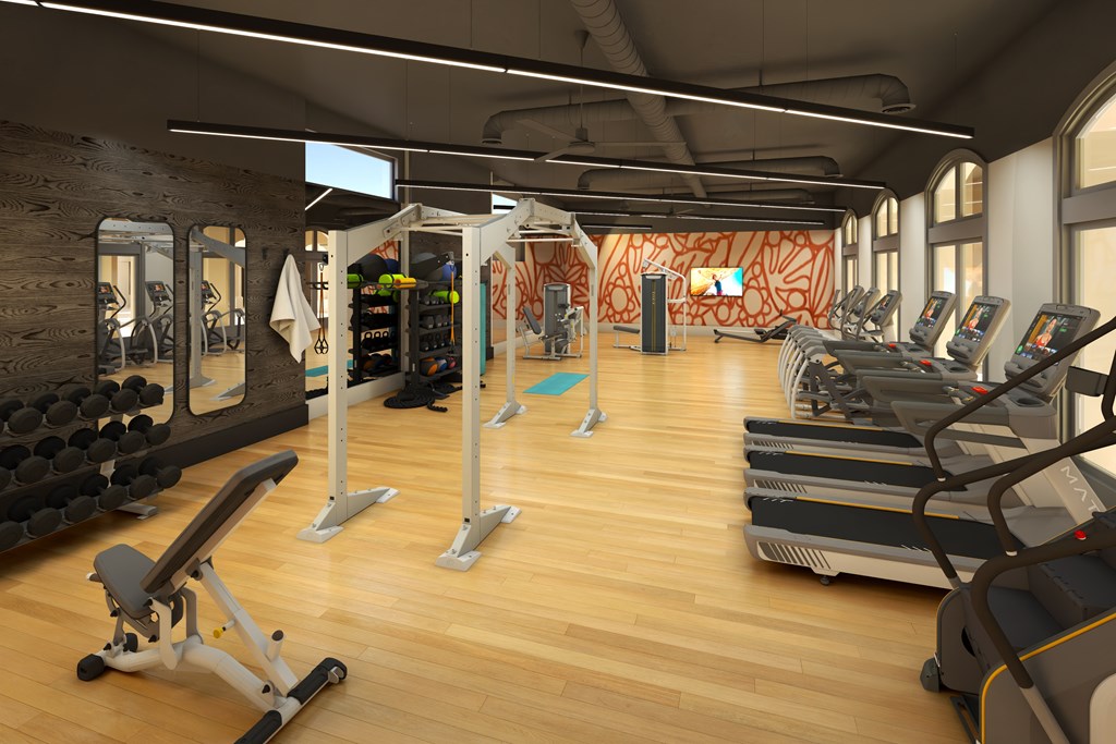 A gym with treadmills, weights, and exercise equipment.