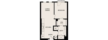 A floor plan of a Juliette Balcony apartment with a living/dining area, kitchen, bath, and bedroom.