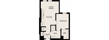 A floor plan of a home with a living/dining area, kitchen, bedroom, bath, and closet.