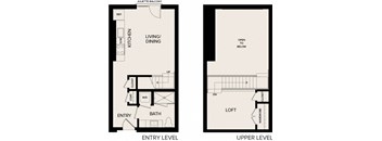 A floor plan of a Juliette Balcony apartment with an entry level and upper level.