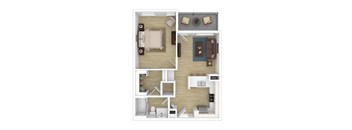 A floor plan of a small apartment with a kitchen, living room, and two bedrooms.