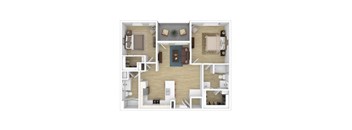 A 3D floor plan of a house showing the layout of the rooms.