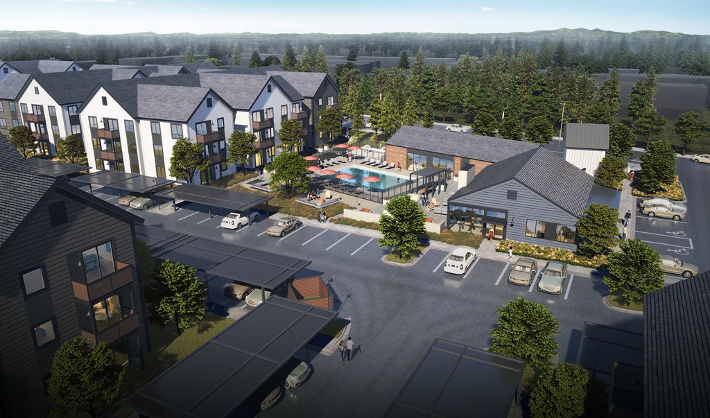 A rendering of a modern residential complex with a parking lot and a small building with a pool.