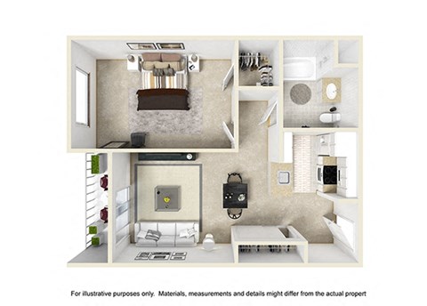 a 3d rendering of a bedroom and floor plan of a studio apartment