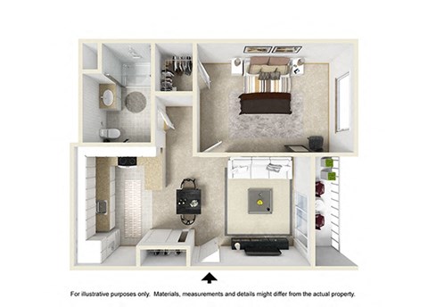 a stylized floor plan with a bedroom and a living room