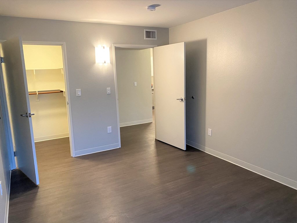 a living room with a hard wood floor and a mirrored closet