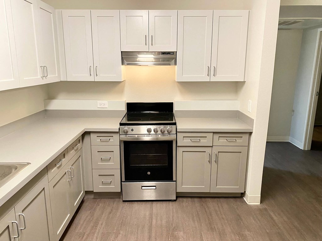 a white kitchen with stainless steel appliances and white cabinets