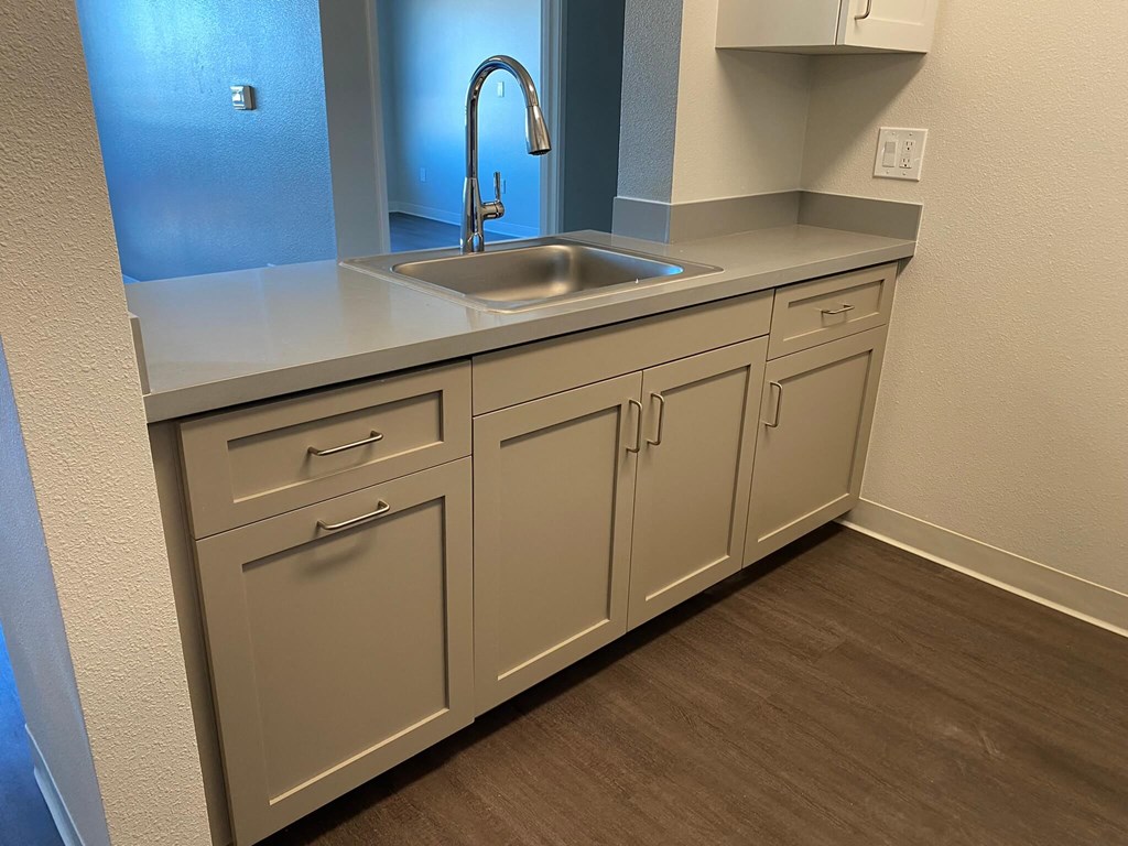 a kitchen with a sink and white cabinets