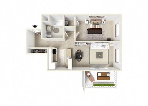 a stylized floor plan with a bedroom and a living room